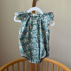 Natalys Liberty fabric romper with flutter sleeves, size 9M
